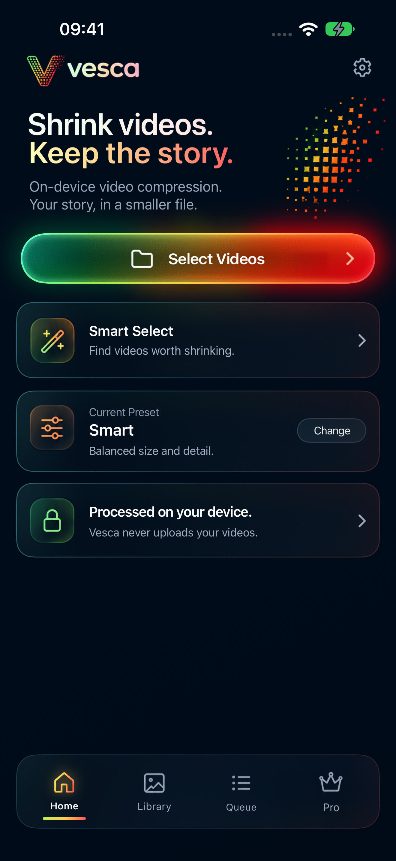 Vesca Home on iPhone showing video selection, Smart Select and the current preset
